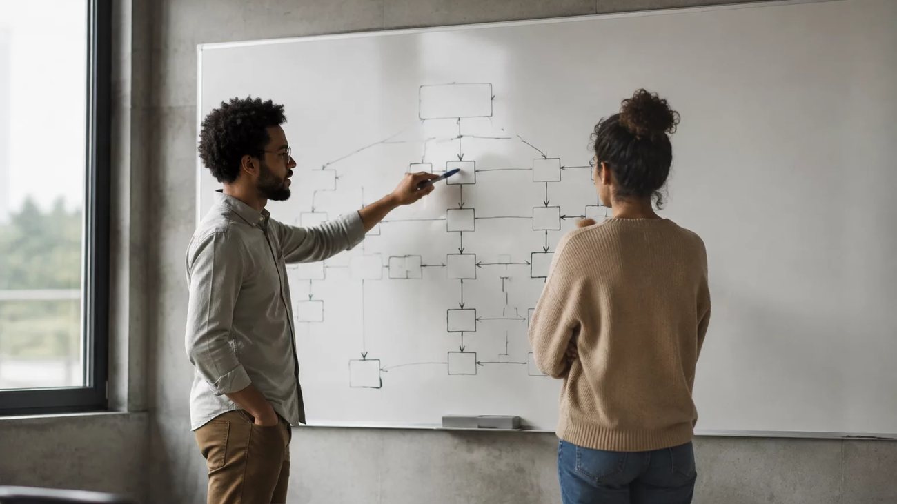 Mesa vista de cima com um diagrama de lógica traçado a lápis numa folha grande